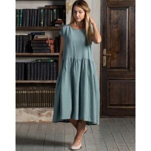 NWT Menique blue green 100% linen oversized minimalistic midi dress